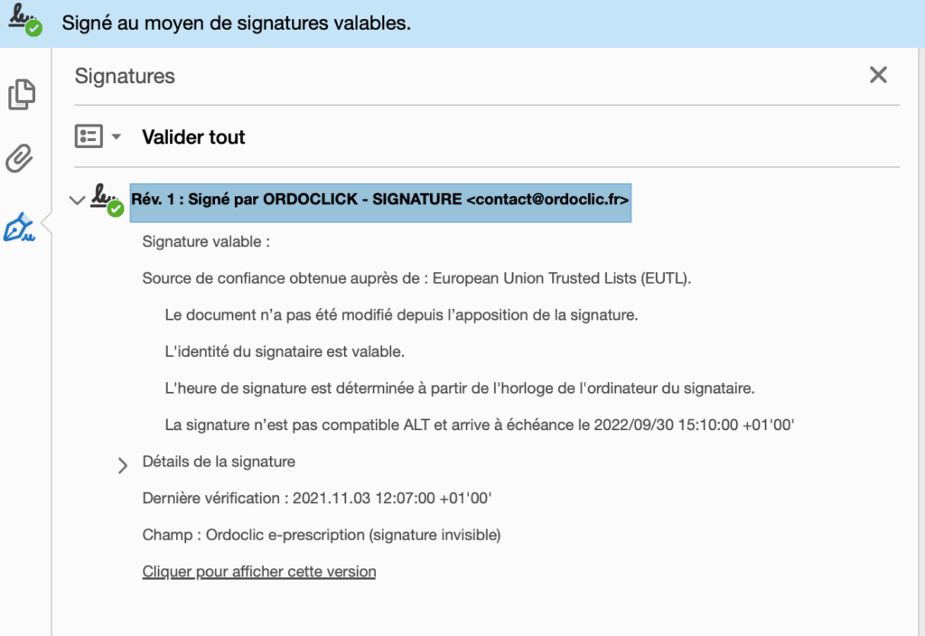 Il faut qu'elle soit affiche Signé au moyen de signature valables quand ouverte en PDF